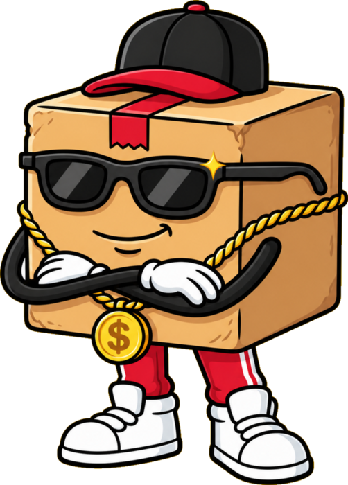 B-Boy, the Clear It Out Crew mascot: a cardboard box in a cap, shades and gold chain, arms crossed